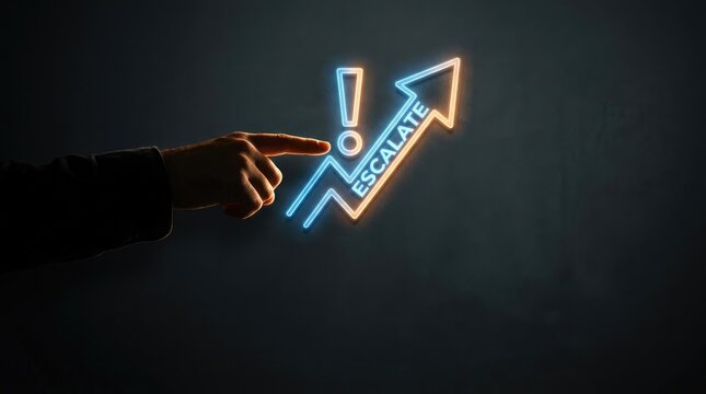 Human finger pointing toward glowing neon escalation arrow symbol on dark textured background