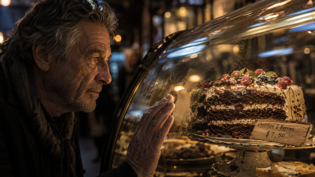 Older man gazes longingly at a chocolate cake with berries displayed in a glass case at a bakery, with various pastries and desserts visible in the background, illuminated by warm lighting