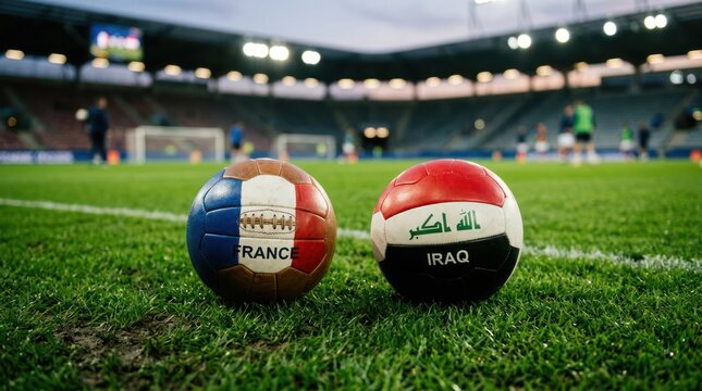 France vs Iraq Football Match Balls on Green Grass Field.