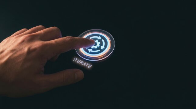 Human finger pressing digital iterate button on futuristic touchscreen interface for business process improvement