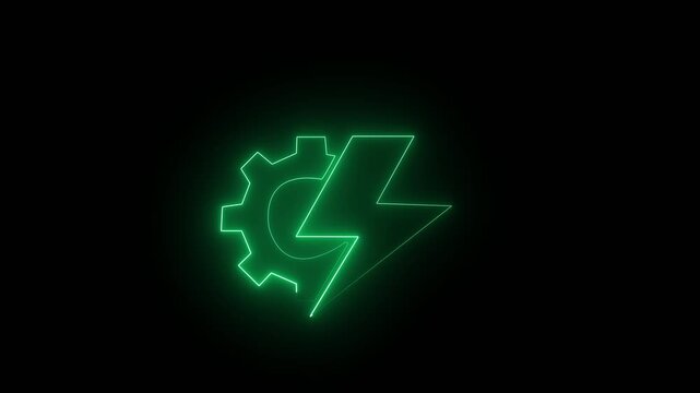 A beautiful neon setting icon color with shining. with animated glowing waves on black background. Neon rotating gear with power icon animation.