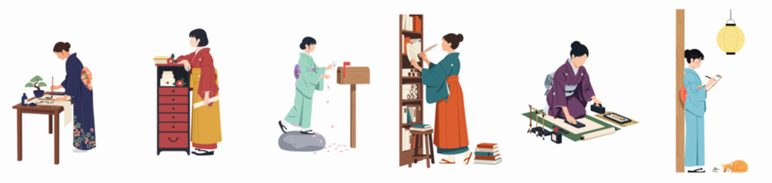 Flat vector illustrations of Japanese women in traditional kimono and hakama engaged in calligraphy, writing, and reading activities against a white background.
