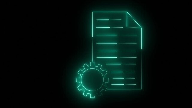 Animated neon document gear icon. neon note book icon concept. Animated green neon illustration of a document with gear