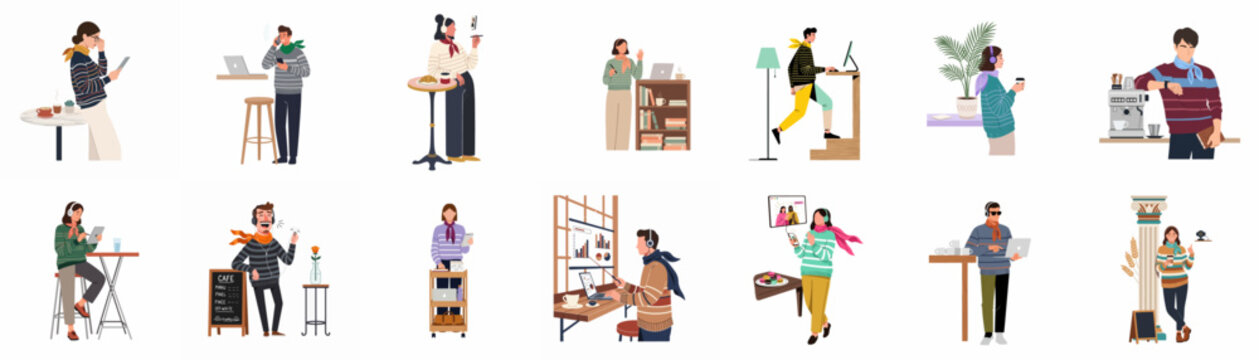 Diverse collection of flat vector illustrations depicting people working remotely, using technology, and enjoying coffee in various modern lifestyle and cafe settings.