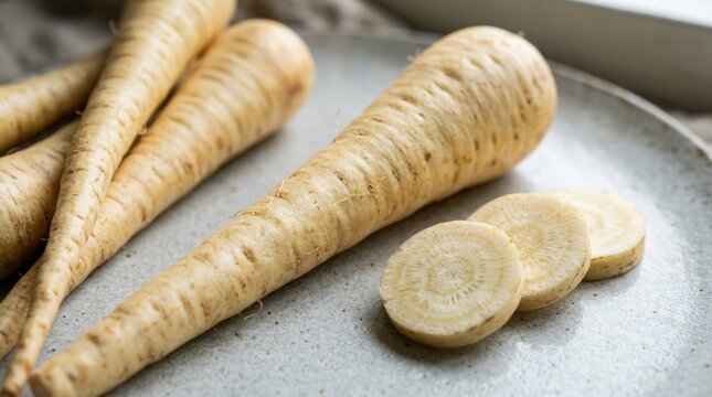 Fresh Parsnips Root Vegetable on a Plate with Slices.
