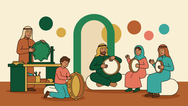 Group of individuals crafting traditional music instruments in Saudi Arabia