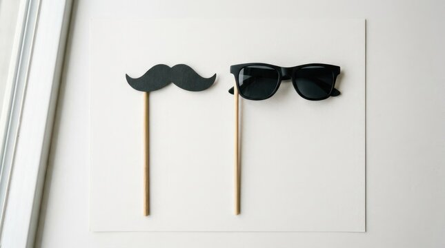 Funny Photo Booth Props Mustache and Sunglasses on White Background.