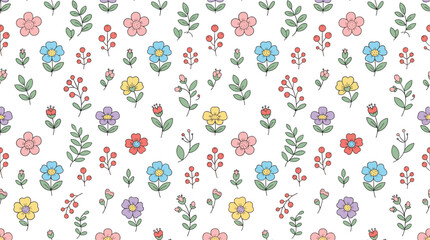 Obraz premium Cute seamless floral pattern vector illustration with hand drawn colorful tiny flowers green leaves and wild berries isolated on a white background