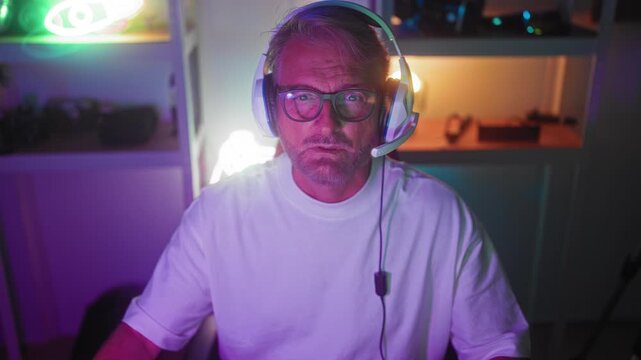 Man middle aged blonde wearing glasses and a headset moving hands over keyboard and controller while gaming at a desk in a neon lit streaming studio with shelves and lamp; concentration immersion.
