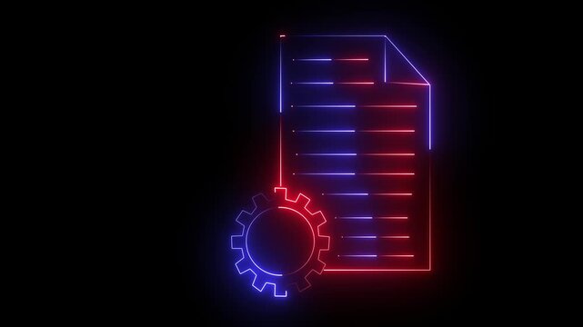 Animated neon document gear icon. neon note book icon concept. Animated red and blue neon illustration of a document with gear
