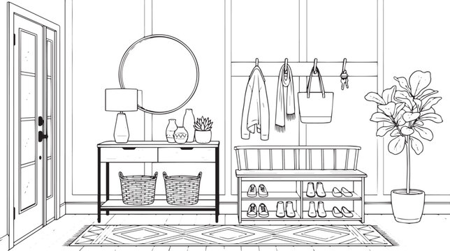 Modern entryway interior line art, minimalist hallway furniture with console table and shoe rack, home entrance coloring page vector illustration