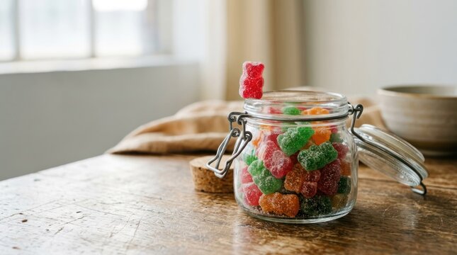 Glass Jar Filled with Colorful Gummy Bears on Wooden Table.