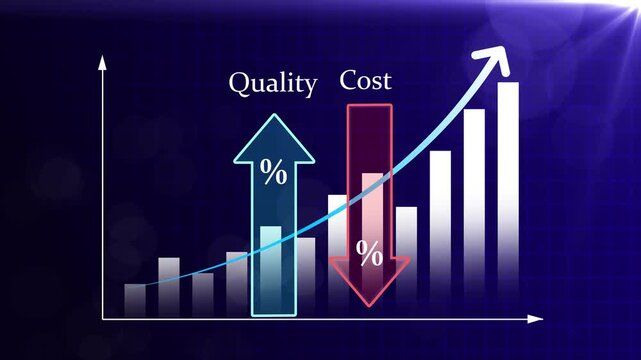 Quality improvement and cost reduction concept. Blue bar chart with rising line illustrating quality increase, cost control and optimization. Successful business strategy, efficiency and management
