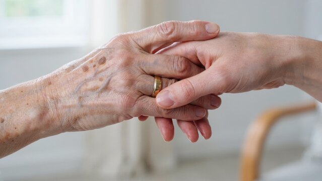 Elderly person's wrinkled hand clasped by younger person's hand showing care and connection.