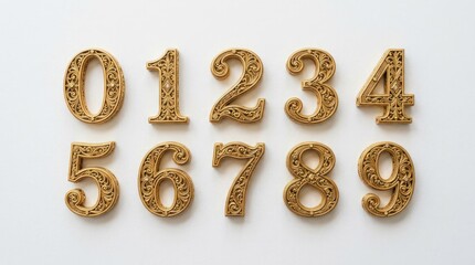 Naklejka premium Golden Decorative Numbers Zero to Nine Displayed in Two Rows.