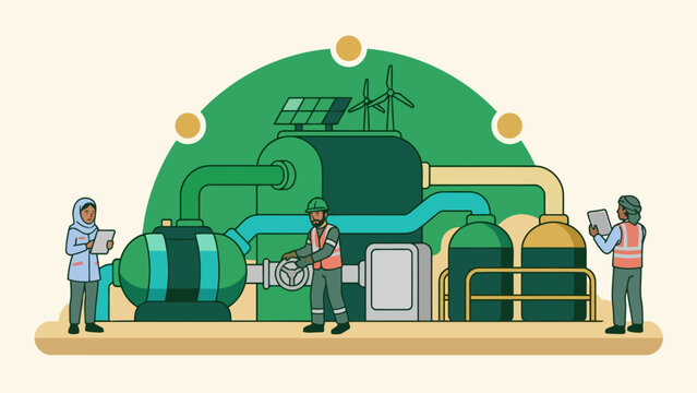 Workers maintaining machinery in a sustainable energy facility