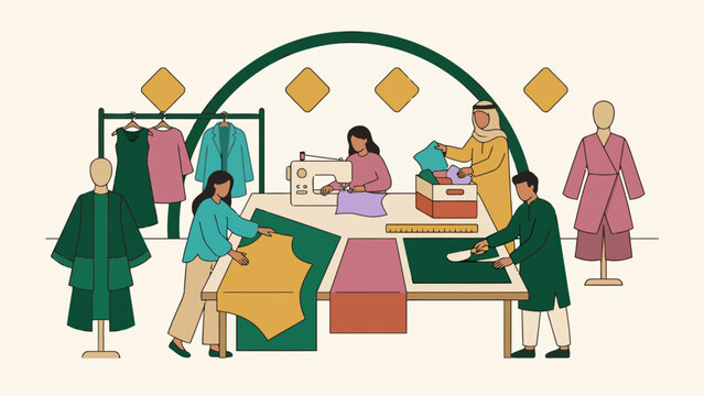 Traditional clothing design and sewing workshop with people crafting garments