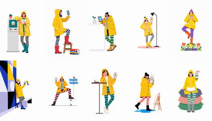 Fototapeta premium Collection of illustrations featuring a woman in a yellow raincoat using digital devices to track achievements and streaks in various everyday scenarios.