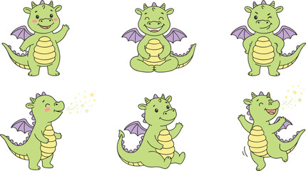 Fototapeta premium Cute little green dragon mascot character emoji sticker bundle showing different happy emotions and poses vector illustration isolated on white background