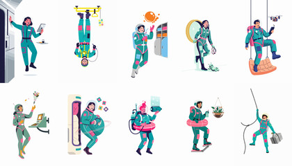 Flat vector illustration collection of various astronauts engaging in daily life activities and work inside a spaceship in a zero-gravity environment. © benjamin