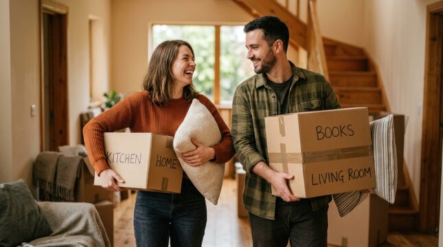 Happy Couple Carrying Moving Boxes into New Home.