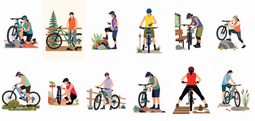 Fototapeta premium Flat Vector Illustrations of Women Engaged in Mountain Biking Activities, Including Riding, Bike Maintenance, and Repairs in Various Outdoor Settings