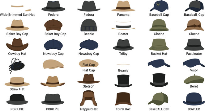 Men and women hat type icon set with fedora baseball cap panama cowboy hat beanie and flat cap vector illustration isolated on white background