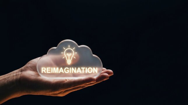 Human hand holding glowing cloud icon representing reimagination and innovative creative business strategy concepts