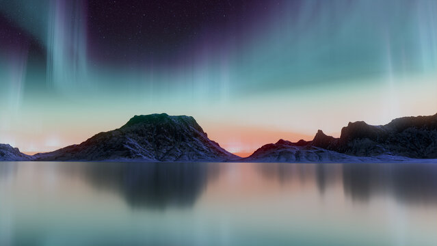 Green Aurora Borealis over Winter Terrain. Beautiful Northern Lights Wallpaper with copy-space.