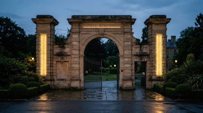 Historic Stone Archway Entrance Illuminated at Dusk with Warm Lights.