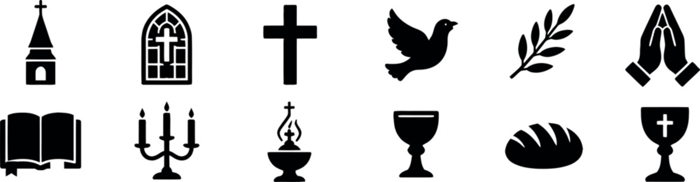 Set of black religious icons representing christian symbols including church cross dove prayer and holy communion elements