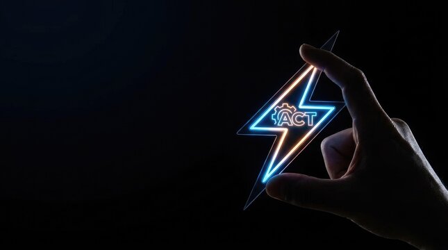 Human hand holding glowing lightning bolt symbol with gear icon representing actionable digital strategy concept