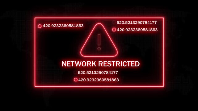 Cyber security network restricted warning alert with glowing red neon digital interface, abstract data processing error screen, system access denied notification, futuristic technology hud overlay