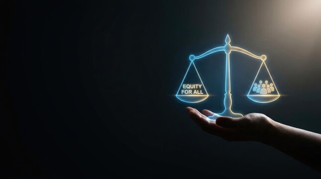 Human hand holding glowing scales representing concept of equity for all people with supporting luminous digital