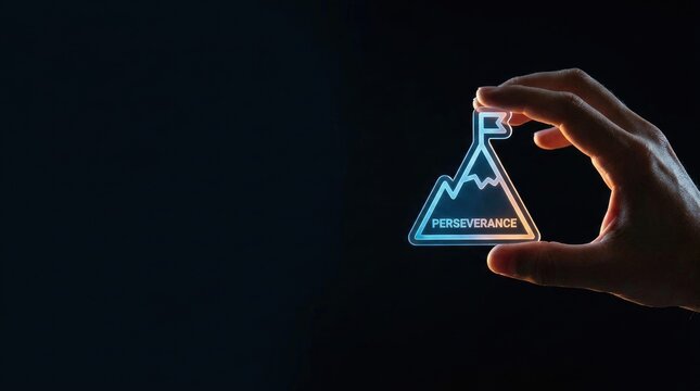 Human hand holding glowing mountain icon symbolizing perseverance and goal achievement success concept