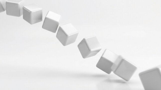 Series of white polished 3D cubes tumbling and falling in a curved path over a bright white reflective background. Minimalist geometric composition with smooth textures and soft shadows.
