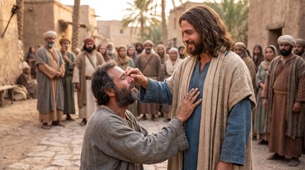 Obraz premium Jesus Christ places his hand on the eyes of a blind man kneeling on a stone street as a crowd watches in a Biblical miracle scene in Bethsaida.