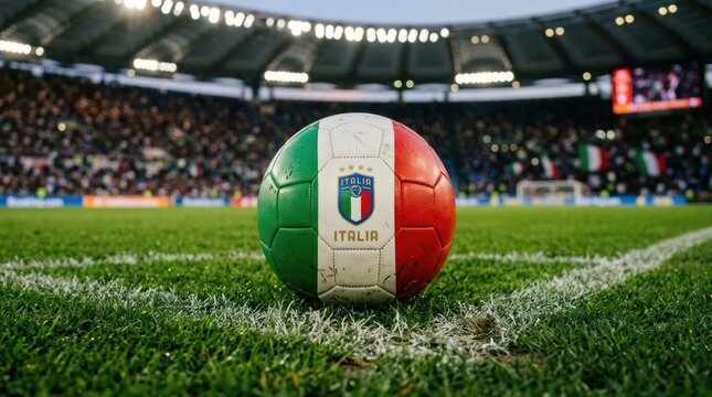 Italian National Football Team Soccer Ball on Stadium Field.