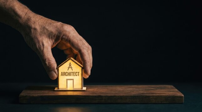 Human hand placing small glowing wooden house model representing professional architectural design