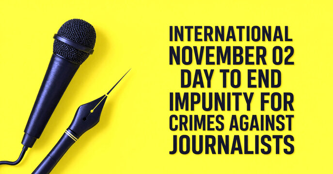 Microphone and fountain pen on bright yellow background highlighting international day against impunity for crimes