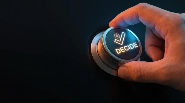 Human hand pressing glowing button labeled decide representing strategic choice and intellectual decision making process