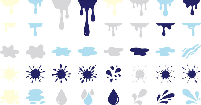 Liquid dripping drops and puddle splatters vector icon set with water splashes paint blobs and ink drips for graphic design elements isolated on white background