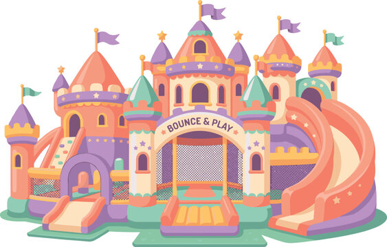 Vibrant pastel bouncy castle with slides for kids' parties and events.