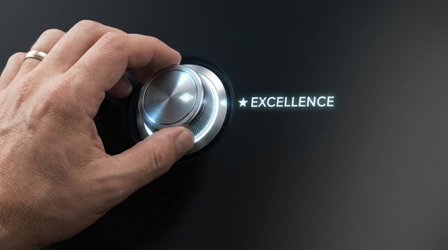 Human hand turning metal dial to set excellence level for professional business success achievement