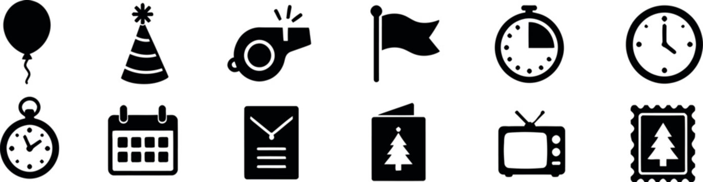 Set of twelve black and white vector icons representing various time management and event planning concepts