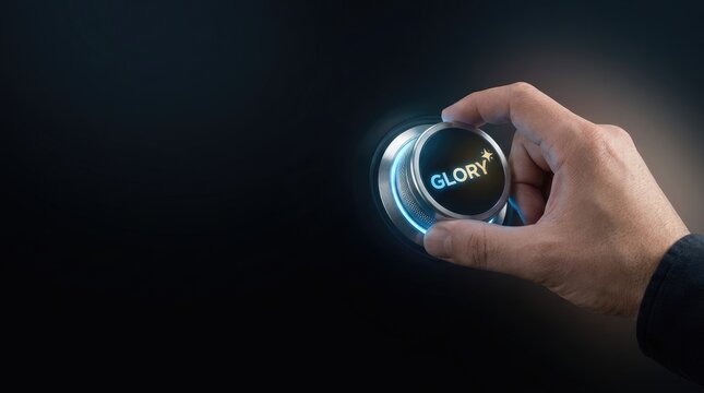 Human hand turning metal dial with glowing glory text concept for success with background represent personal