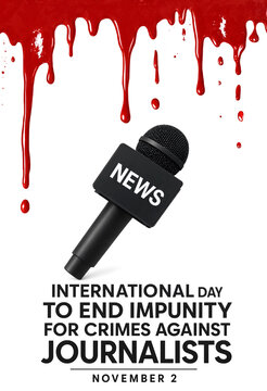 Microphone with dripping red liquid symbolizing violence against journalists awareness campaign poster design