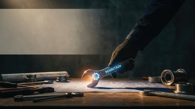 Industrial maintenance concept featuring wrench with glowing gear icon over blueprint