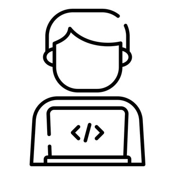 Computer programmer, coder with laptop black line icon