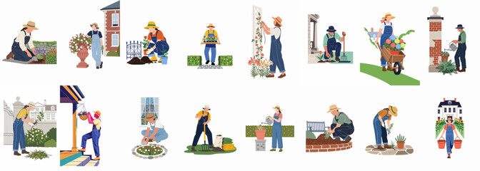 Naklejka premium Collection of diverse flat design illustrations showing men and women performing various gardening tasks and landscaping activities in beautiful backyard gardens.